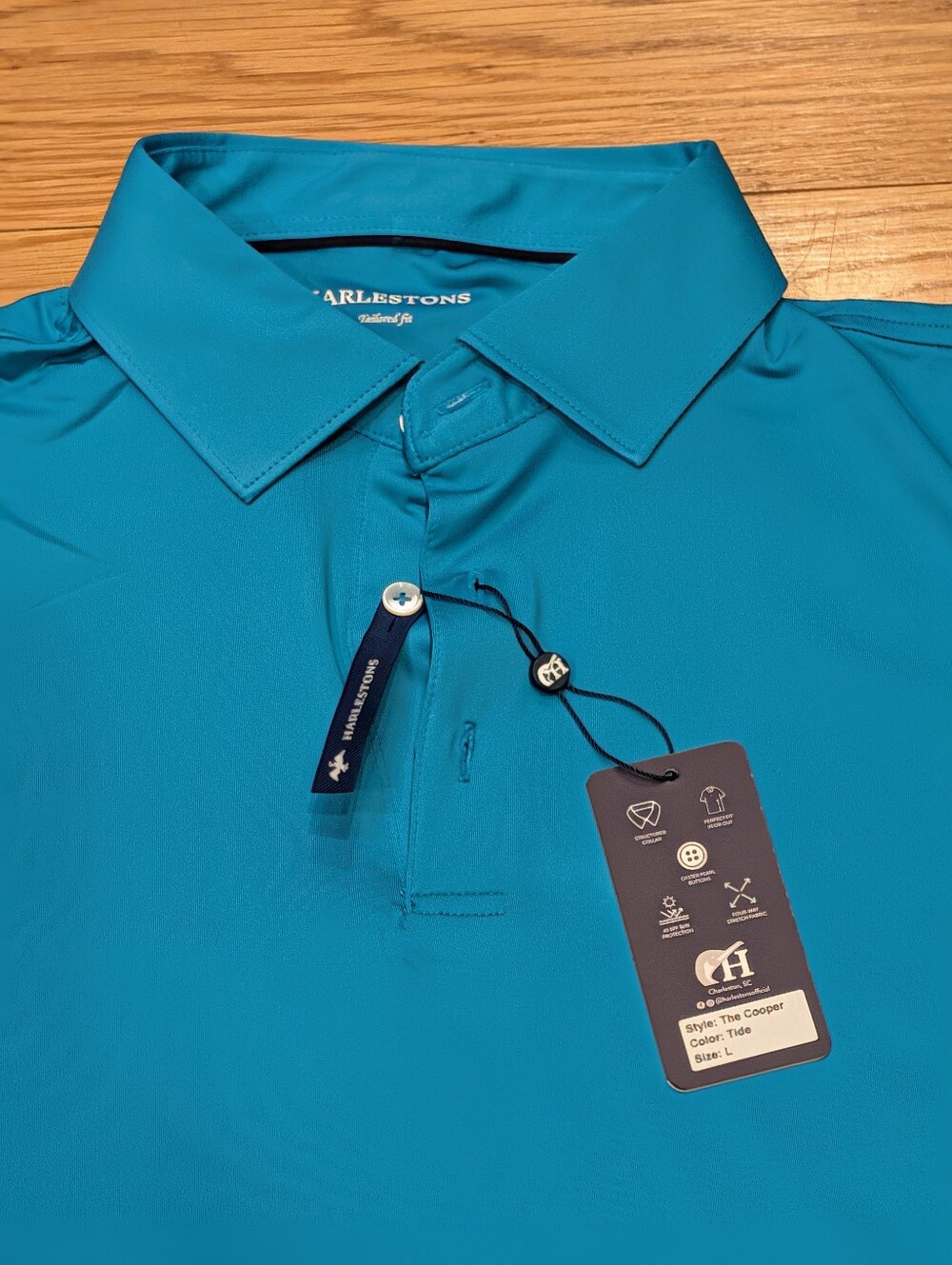 Harlestons The Cooper Performance Golf Polo Tide Blue Tailored Fit Large NWT